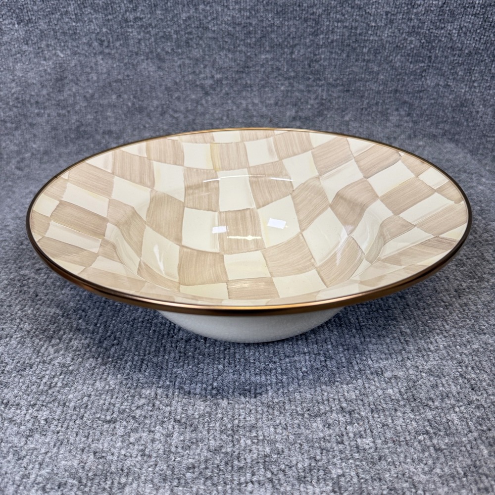 MacKenzie Childs Enamel Check Serving Bowl White Tan Mocha Salad Partyware